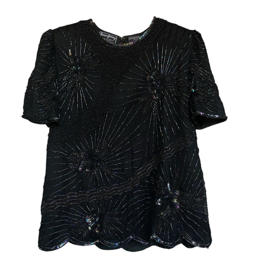 Vintage Robert Anthony Beaded‎ Silk Top Medium Black Lined Sequin Scalloped